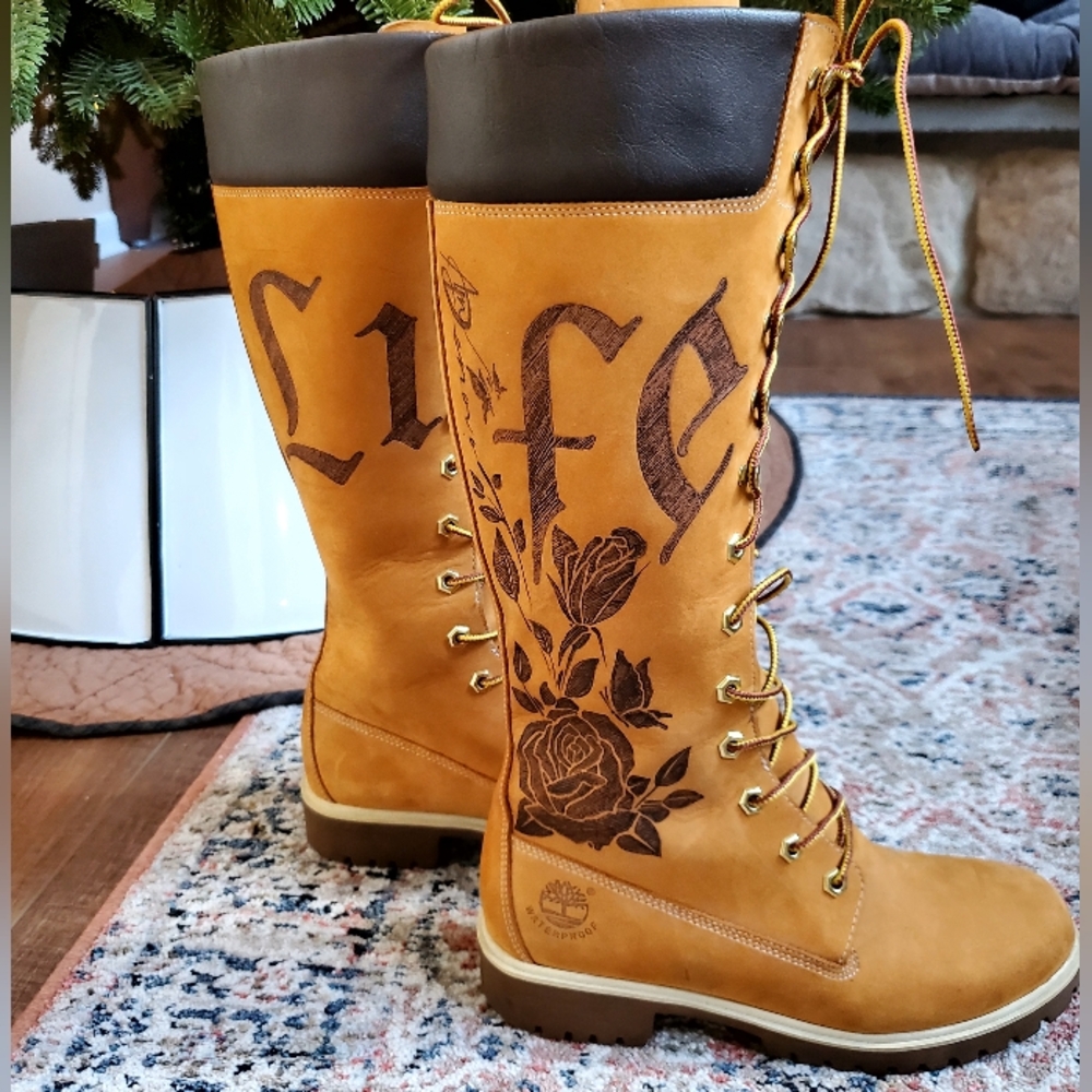 Women’s Timberland Tall 14-Inch Waterproof Boots, SZ 7 Custom “Love Life" Design